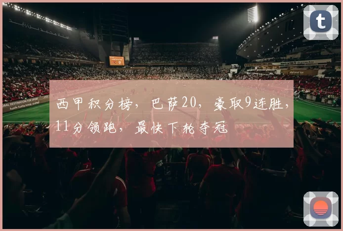 西甲积分榜，巴萨20，豪取9连胜，11分领跑，最快下轮夺冠